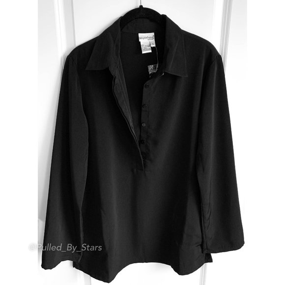 NEWPORT NEWS Solid Black Long-Sleeve Polyester Blouse + Pockets - NWOT! - Picture 1 of 8